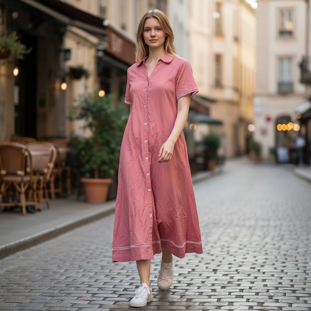 National Pink Rayon Button Down Midi Dress Eyelet Lace Pockets Cottagecore PM